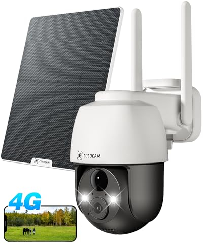 COCOCAM 4G LTE Camara Vigilancia Exterior Solar Sin WiFi con Tarjeta SIM, 2K PTZ Inalámbrico, 10000mAh, 6W Panel Solar, Detección Humana PIR, Reconocimiento AI, IP66, Funciona con Alexa