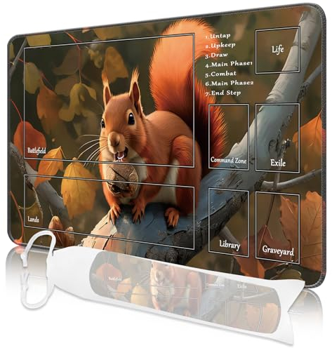 Nkddert MTG Spielmatte, 24x14in TCG Karte Spielmatte genähte Kanten MTG Commander Spielmatte 3mm dickes wasserdichtes MTG Spielmatte mit Zonen mit Aufbewahrungstasche(Eichhörnchen Motive)