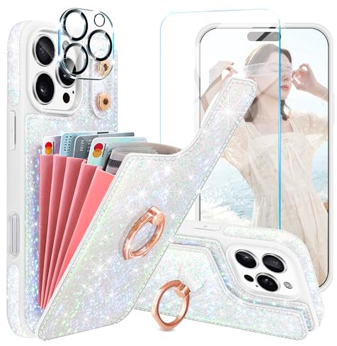 Casewind Schutzhülle für iPhone 16 Pro Max, Brieftasche, Displayschutzfolie und Kameralinsenschutz, 5 Kartenhalter und 360°-Ringständer, glitzernd, für Damen und Mädchen, PU-Leder, 17,5 cm, Weiß
