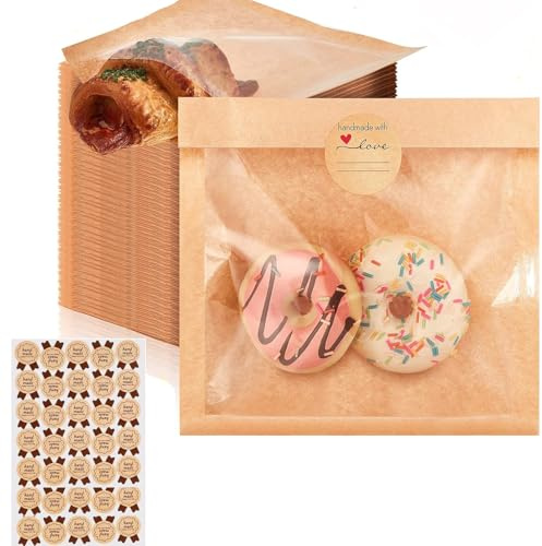 100Pcs Kraft Paper Sandwich Bags Reusable Food Lunch Bags Heat Sealable Toast Packs with Front Clear Cellophane Paper Window to Display Sweets Cookies Snacks Baking Packaging with Stickers (20 x 15cm)