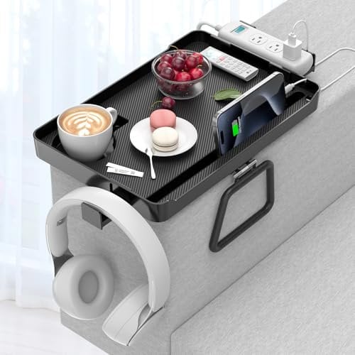 CLESOO Couch Arm Tray - 5-in-1 Large Capacity Armrest Clip Tray Table with Cup Holder, Tablet Slot, Cord Holes, Extension Socket Holder & Hooks - For Different Shapes and Widths of Sofa Armrests