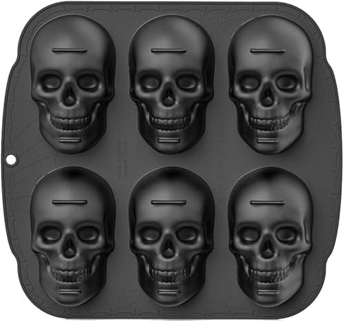 enttgo Stampo in silicone per tortiera a forma di teschio, 6 cavità a forma di teschio, stampi per cottura al forno, per Halloween, festa di compleanno