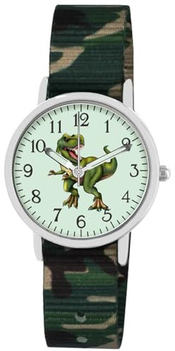 Brecjon Kinder Armbanduhr Jungen Jungenuhr Kids Dinosaurier T Rex Leucht Zifferblatt 5ATM Wasserdicht Textil Armband Camouflage 5202