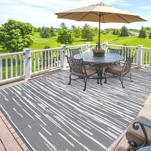 SHACOS Outdoor Rugs for Patios Waterproof 150 x 240 cm Reversible Plastic Straw Rug Garden Rug UV Resistant Outdoor Camping Mat for RV, Backyard, Picnic, Balcony, Deck, Grey