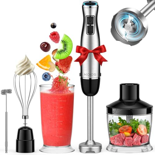 KOIOS Batidora de inmersión, 1100 W 5 en 1, batidora de mano multiusos de 12 velocidades, vaso de 600 ml, picador de 500 ml, batidor de huevo, espumador de leche, negro
