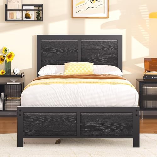 VECELO Bettgestell 90 x 200 cm, Metallbett mit Dick Holzkopfteil und Lattenrost, Modern Gästebett Jugendbett mit Stauraum Unter Dem Bett, Perfekt für Schlafzimmer, Schwarz