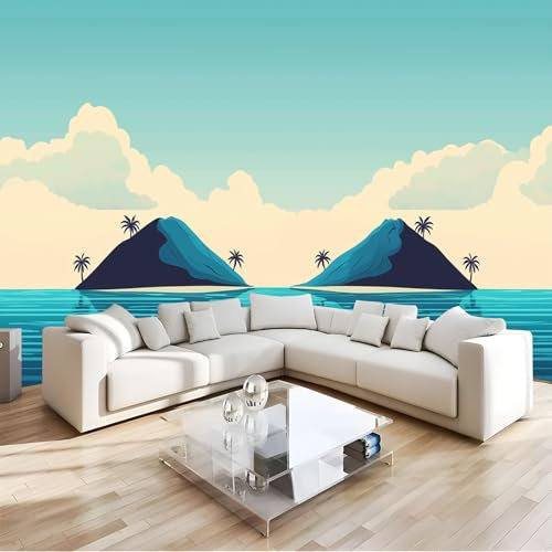 JSCWDET Île tropicale Papier Peint Panoramique ciel bleu et nuages blancs,300×210 cm (W×H) - Décoration murale moderne – Tapisserie décorative pour chambre salon - Tapisserie murales papier peint