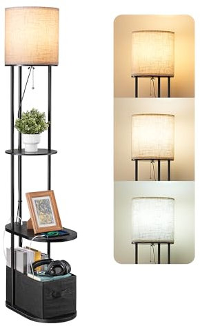 EDISHINE Floor Lamp with Shelves, Storage Drawer, 3 Color Temperatures, Standing Lamp with USB A+C Charging Port & Outlet, Floor Lamps for Living Room, Bedroom, Office, LED Bulb Included