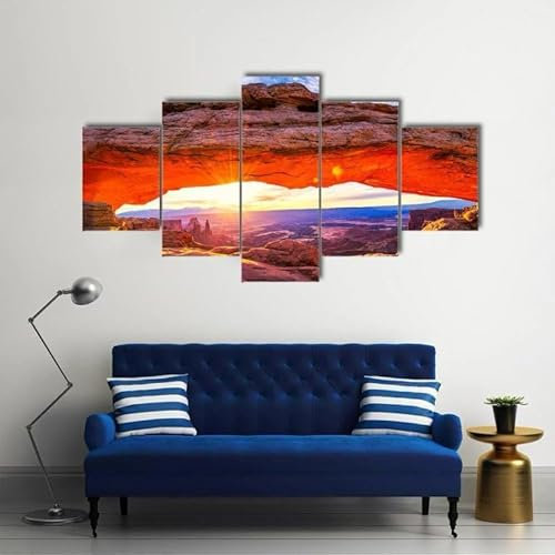 Generisch 5 Paneele Leinwand mit Rahmen Sonnenaufgang am ikonischen Mesa-Bogen Bild Kunstdruck Leinwand Gemälde Wandmalerei Home Office Wohnzimmer Schlafzimmer Dekoration Ready to Hang