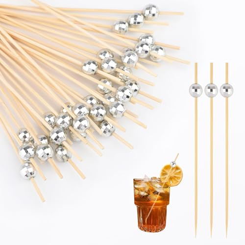 100 PCS Disco Ball Cocktail Picks 4,7 Zoll Disco Ball dekorative Vorspeisen Zahnstocher Silber Cocktail Spieße Bambus Cocktail Spieße Sticks für Disco themed Dekoration Party Supplies