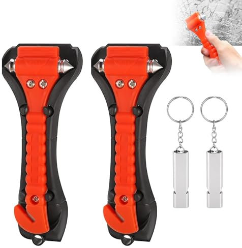 Lot de 2 Marteaux de Sécurité Auto - Avec brise-vitre & coupe-ceinture (2 en 1) + 2 sifflets - Pour voitures, camions, bus - Rouge