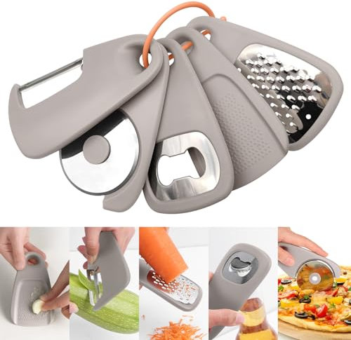 5 in1 Kitchen Gadgets, Peeler,Bottle Opener, Garlic Grinder,Cake cheese grater,Stackable Cooking Tools Space Saving for Small Kitchen, Accessories for RV Camper Inside Dishwasher Safe