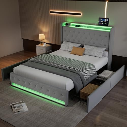 Jovify 4ft6 Double Bed Frame with 4 Storage Drawers, LED Upholstered Platform Beds, Functional Storage Bed with LED Lighting and Charging Station, Sturdy Metal-Wood Support, Velvet, Grey, No Mattress