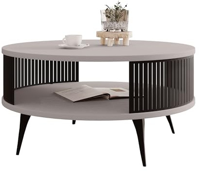 Mirjan24 Couchtisch Rajkon, runde Form (Cashmere, Schwarz) | Moderner Wohnzimmertisch mit praktischer Ablage, stabilem Stahlgestell und pflegeleichter Oberfläche