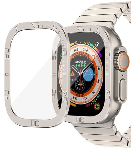 Wtukmo Vidrio templado para Apple Watch Ultra 2 49mm Protector de pantalla marco de Metal antiarañazos para IWatch Series Ultra 49mm Accesorios(Titanium color)
