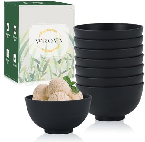 Wrova Snack Bowls 10 oz - Small Bowl Set 8 PCS - Unbreakable Plastic Bowls Reusable - Kitchen Bowl for Dessert, Fruits and Dips - Microwave & Dishwasher Safe - Black