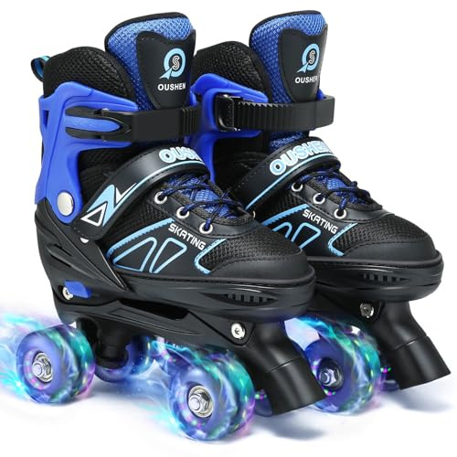 Kinder-Rollschuhe für Mädchen und Jungen, Verstellbare Regenbogen-Mädchen-Roller mit Leuchtenden Rädern, Anfänger-Rollschuhe, 4 Gr. Verstellbar für EU 28-36 (Schwarz, M (32-36 EU /200-225 mm))