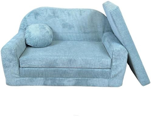 FORTISLINE - Kindersofa Rosalia - Klappsofa mit Verlängerung aus Cord - Schlafcouch 100 x 60 x 50 cm - Ausklappbares Sofa mit 2 Kissen - Oeko-TEX Zertifiziert - in 7 Farben - Türkis