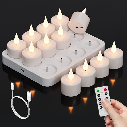 beek Wiederaufladbare Teelichter ohne Flamme mit Ladestation, 12 Stück flackernde Teelichter mit Fernbedienung und Timer, 3D-Flammen-Batteriekerzen für Zuhause, Hochzeit, Weihnachtsdekoration