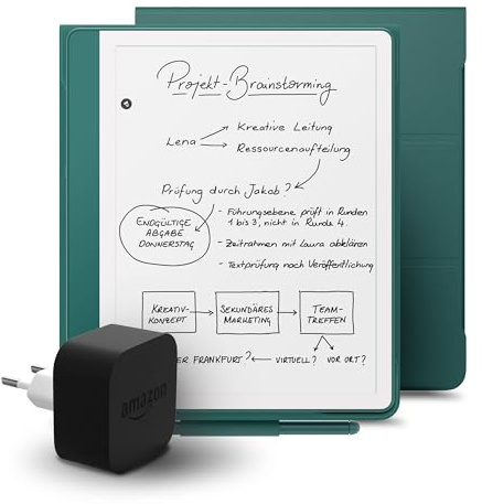 Kindle Scribe 64 GB + smaragdgrüner Hülle aus Premiumleder + 9-W-Netzteil