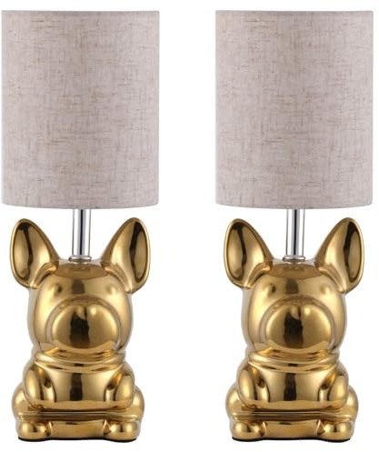 EOEYYOYB Niedliche Nachttischlampe für Kinderzimmer, Keramik-Welpen-Tischlampe mit Leinenstoffschirm, Bulldog-Nachttischlampe für Wohnzimmer und Schlafzimmer, Gold