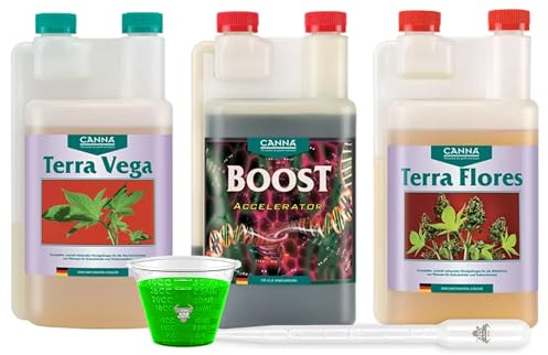 Canna Terra Flores 1L mit Terra Vega 1000ml und Boost 1Liter – Komplettset mit Pipette und Messbecher für Wachstum und Blüte