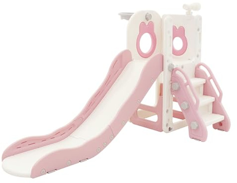 Joyz 3-in-1 Kinderrutsche Weiß-Rosa, Kunststoff, Spielturm Set Indoor & Outdoor, Kinder Spielzeug mit Rutsche und Basketballkorb, ab 3 Jahren, Babyrutsche Gartenrutsche Kleinkinderrutsche Rutschbahn