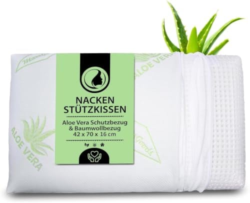 MaxxGoods orthopädisches Nackenstützkissen aus Visco Gelschaum & Aloe Vera Bezug - Kopfkissen, Schlafkissen für HWS Unterstützung & Nackenschmerzen - für Seitenschläfer & Bauchschläfer (70x42x16cm)