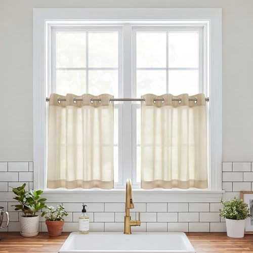 PONY DANCE Küche Gardinen Kurz Vorhang Transparent Küchengardinen Ösen | Khaki,H100 x B140 cm,2er Set,Schrankvorhang Badezimmer,Schlafzimmer Vorhang Durchsichtig,Sanfte Lichtfilterung,Luftig