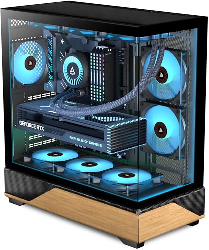 KEDIERS PC CASE ATX 5 PWM ARGB Fans Pre-Installed, Type-C Mid Tower Computer Case with Full-View Dual Tempered Glass, Printed Walnut Wood Panels,Support 360mm Radiator,Gaming PC Case,Black,New P6