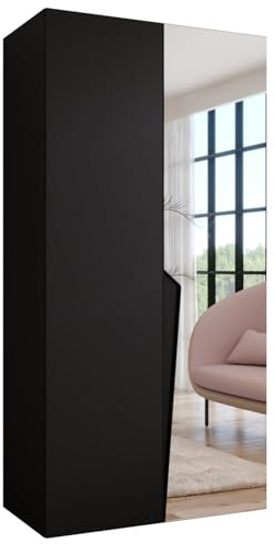 MEBLE KRYSPOL - Kleiderschrank - Garderobenschrank - 100 cm x 202 x 52 cm - Schrank mit Kleiderstange und Spiegel, 2 Türen - für Schlafzimmer, Flur - Piano, Schwarz, Griff Schwarz