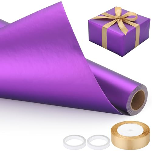 EUSOAR Geschenkpapier Lila - Packpapier Set mit 43cm x 10m Geschenkpapier Rolle, 1 Schleifenband, 2 Doppelseitiges Klebeband - Matte Verpackungspapier für Geburtstag Blume Gifts