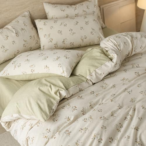 Freyamy Bettwäsche 135x200cm 2teilig, Hellcreme Salbeigrün mit Blätter | ÖKO-TEX Bettbezug Mikrofaser Bettwaren-Sets 1 Bettbezug mit Reißverschluss und 1 Kissenbezüge 80x80cm