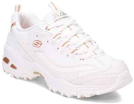Skechers Femme D'Lites Fresh Start Sneaker, White Leather/Duraleather/Rose Gold Trim, 37.5 EU