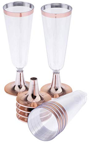 Tenlacum Plastic Champagne Flutes - 6 Pack Detachable Plastic Champagne Glasses for Parties, Clear Plastic Cups for Weddings Party Bulk Pack (Rose Gold Trim)