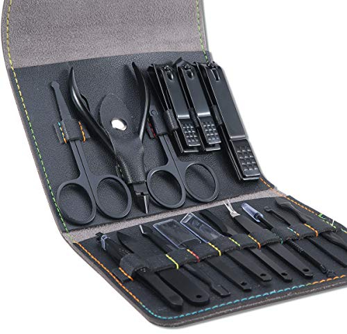 Kit Manucre Pedicure - Coupe Ongle Professionnel Coupe Cuticule Acier Inoxydable - Trousse Manucure Pedicure Set de 16pcs avec Exquis La Boîte (Noir)