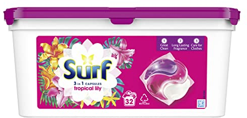 Surf Tropical Lily 3 in 1 capsules with long lasting fragrance Washing Capsules for brilliantly clean laundry every time 32 Washes