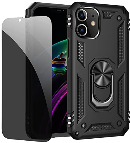 JOYTAG compatibles para Funda iPhone 12 Carcasa Negro con Protector de Pantalla de Privacidad, Anti Espía Cristal Templado