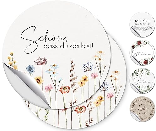 100 Aufkleber Sticker für Gastgeschenke Rund 4,5cm Vintage mit Liebe gemacht Boho Look für Hochzeiten, Geburtstag, Taufe, Konfirmation - Wildflowers