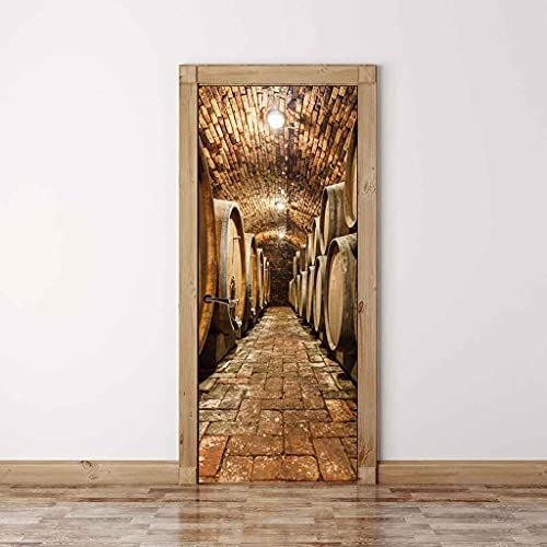 MKNCILN 3D Sticker de Porte cave à vin Photo Mural Trompe l'oeil Stickers Muraux PVC Imperméable Papier Peint pour Chambre Salle de Bain Cuisine Décoration Autocollants Porte, 77x200cm
