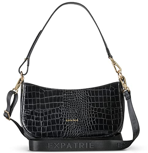 Expatrié Petit Sac Bandoulière Femme Noir - Féline - Sac à Main pour Dames en Cuir Végétal pour les Loisirs & le Travail - Sac Cabas Stylé