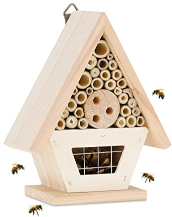 Relaxdays Insektenhotel Holz, Garten & Balkon, Nisthilfe für Insekten, zum Aufhängen, HBT: 19x15x8cm, Bienenhotel, Natur