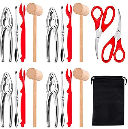 Ensemble d'outils de 19 pièces pour fruits de mer, comprenant 4 craquelins à crabe, 4 fourchettes à fruits de mer, 4 coquilles à homard en plastique, 4 maillets à crabe, 2 ciseaux à fruits de mer et 1