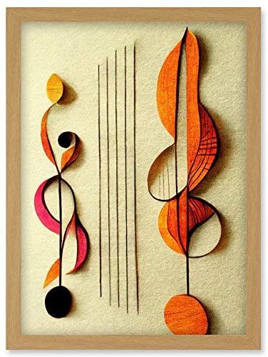 Wee Blue Coo Abstract Autumnal Boho Music Clefs and Staff Musical Cream Copper Pink Yellow Artwork Framed Wall Art Print A4