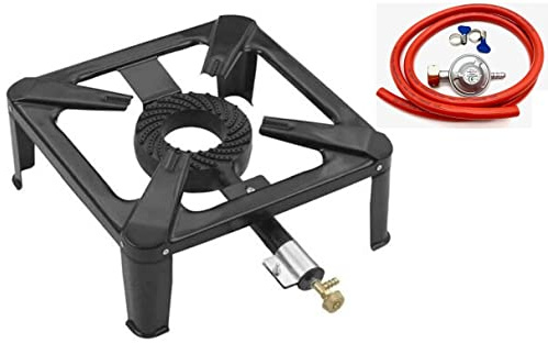 SMH LINE® Hornillo de gas con manguera y regulador de presión, quemador de gas para camping, 40 x 40 x 14 cm, wok 7,5 kW, para exteriores, gas propano