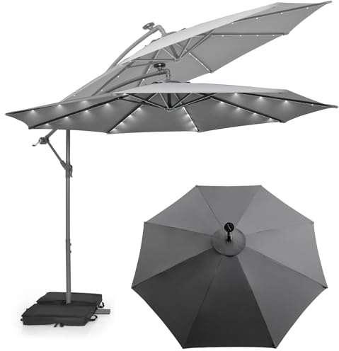 KOMFOTTEU Sombrilla 3x3m de Jardín con 40 Luces LED Solares, Parasol Inclinable con Base Saco de Arena, Sombrilla Terreza Exterior con Protección UV, Sombrilla Grande para Patio, Piscina (Gris)