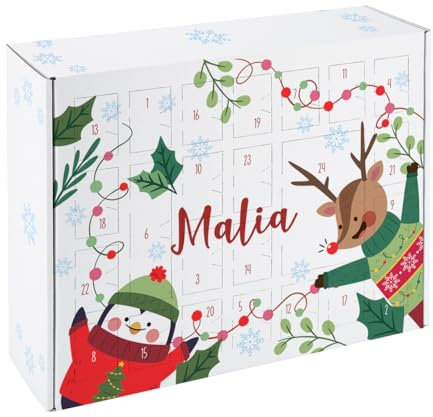 Striefchen® Niedlicher DIY Adventskalender mit Rentier und Pinguin Motiv und Wunschname bedruckt