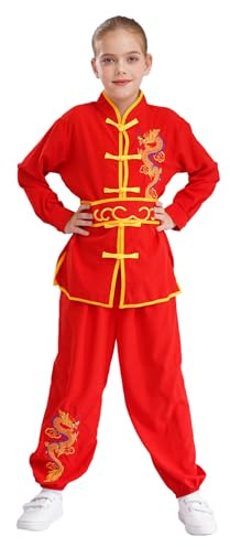 TiaoBug Arti Marziali Abbigliamento Bambini Ragazzi Kung Fu Abiti Completi Cinese Tradizionale Tai Chi Wushu Kung Fu Abiti Completi Arti Marziali Divisa da Kung-Fu Cina Rosso 5-6 anni