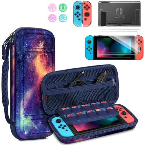 Fintie Ensemble d'accessoires 10 en 1 pour Nintendo Switch (pas OLED/Lite) avec étui de transport, coque transparente en TPU souple, protecteur d'écran et poignée Joy-Con, Galaxy