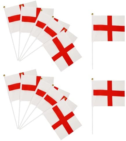 12 Pcs England Flag,St. Georges Day Flags on Sticks Decorations Small St George Decoration English Hand Held Flags with White Pole Accessories,for Car Six Nations Rugby Football Garden Party Decor